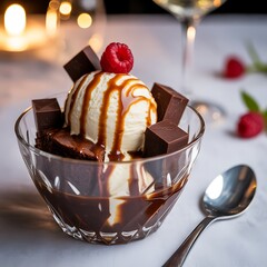 Delicious Chocolate Dessert with Ice Cream and Raspberry