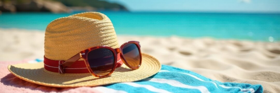 Straw hat and sunglasses resting on beach towel , sand, beach, shades