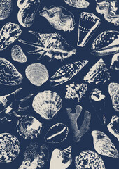 Vector tropical underwater style poster of corals and seashells collection Isolated on dark blue background. Card for interior design, prints, fabric or background.