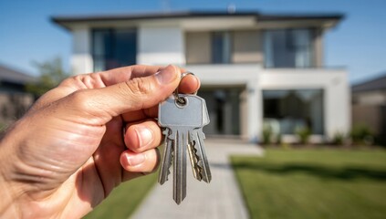 Hand Holding House Keys in Front of Blurred New Home Background. Represents real estate, buying a house, mortgage, and ownership.