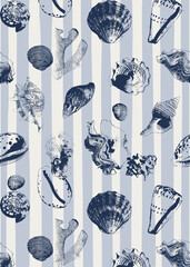 Underwater background of seashells collection, corals and stripes. For interior design, prints, fabric or background.