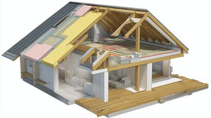 Cross-sectional view of a modern house with exposed beams, sloping roof, insulation, and interior layout featuring a seating area and kitchenette