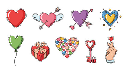 Collection of colorful love themed illustrations with hearts and gifts