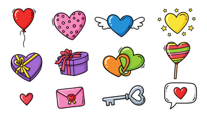 Collection of colorful love and gift icons with hearts and keys