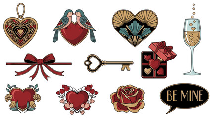 Collection of romantic love symbols including hearts and gifts