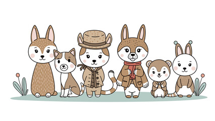 Cute cartoon animals standing in a row