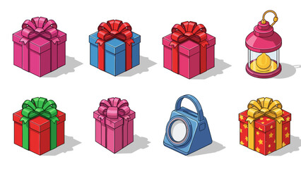 Collection of colorful gift boxes and a lantern