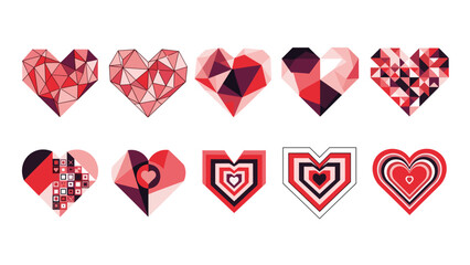 Collection of various red and pink heart shapes with geometric designs