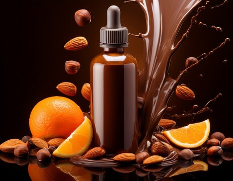 chocolate elixir a studio shot of a brown dropper bottle encircled by a cascade of rich flowing chocolate slices of oranges almonds and hazelnuts accentuate the scene