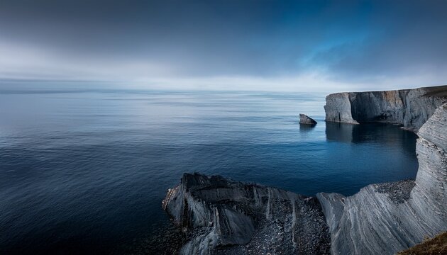 coastal cliff erosion with calm waters a muted palette of grays and blues