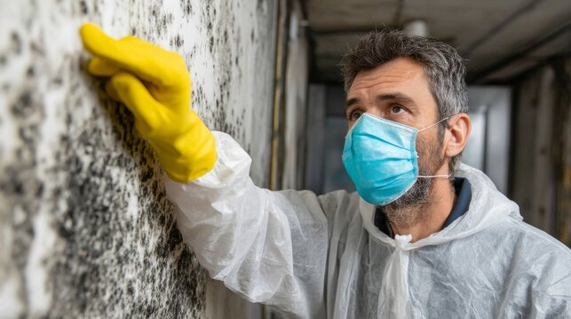 A worker in safety gear eradicates mold on a wall after water damage