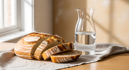 Fresh Sliced Bread Water Carafe Natural Light Wooden Table