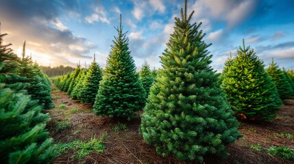 The farm's orderly lines of verdant Christmas trees embody festive readiness and holiday customs