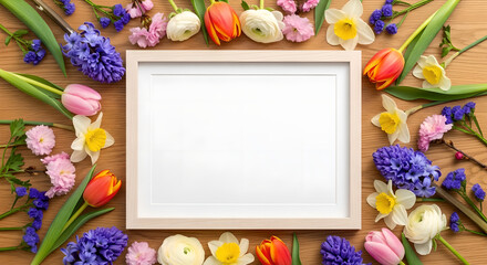Blank Frame Spring Flowers Wood Mockup Flatlay