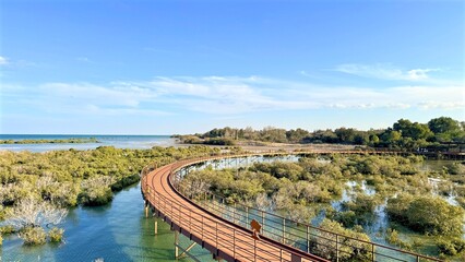 Peaceful Marsh Journey, Calm Trail Over Wetlands Scenery, Tranquil Wooden Pathway Traversing Tidal Marsh Areas, Idyllic Pathway Through Peaceful Marshes Offering Picturesque Views Under Sunny Sky