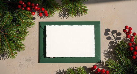 Blank Card Mockup Green Pine Branches Red Berries