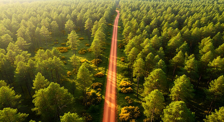 Forest Trees Dirt Road Sunlit Aerial Green Landscape