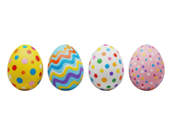 Four intricately hand-painted easter eggs (yellow, blue, white, pink) with vibrant polka dots and wavy stripes, isolated on a solid transparent background. concept of spring holiday and easter