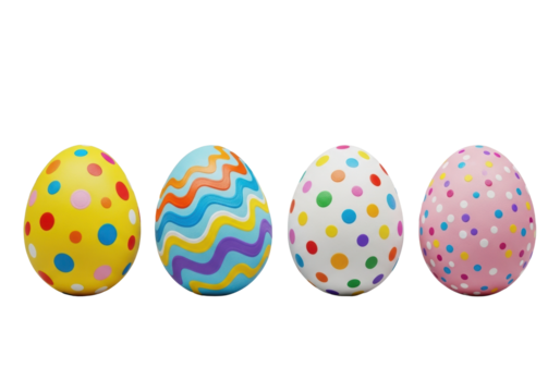 Four intricately hand-painted easter eggs (yellow, blue, white, pink) with vibrant polka dots and wavy stripes, isolated on a solid transparent background. concept of spring holiday and easter - Powered by Adobe