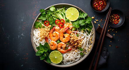 Fresh Shrimp Noodles Bowl Top View Dark Background