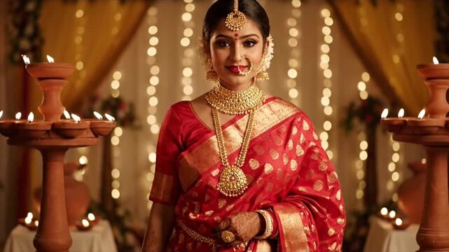 Bengali Wedding Bride Entrance in Traditional Red Sari
