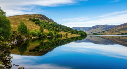 Stunning natural landscape showcasing a vast lake reflecting rolling green hills and distant mountains under a clear blue sky.