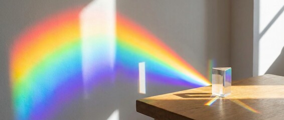 Glass prism refracting sunlight into colorful rainbow on wall