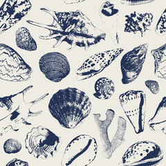 Vector underwater seamless pattern of seashells collection and corals Isolated on white background. For interior design, prints, fabric or background.