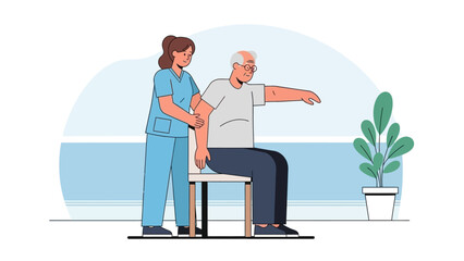 Professional Physiotherapist Assisting Senior Man with Arm Exercise Rehabilitation