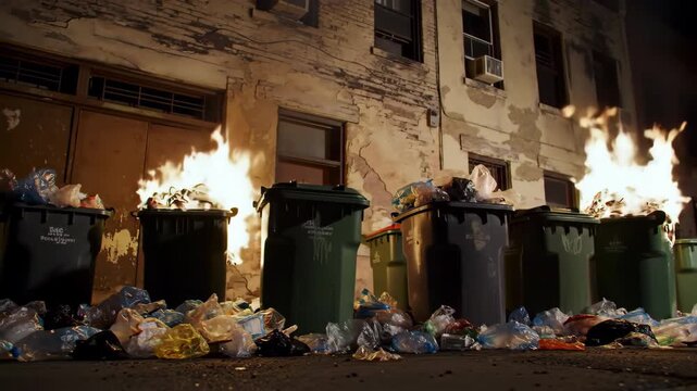 Trash cans ablaze in a dark alley at night, plastic trash scattered around, creating dramatic scene of urban decay and environmental neglect.