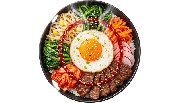 A delicious Korean bibimbap dish with various vegetables and meat on transparent background