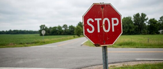 Weathered red stop sign at rural country road intersection