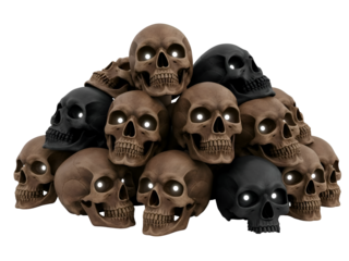 Pile of Human Skulls with Glowing Eyes, Brown and Black Skulls Isolated on Transparent Background...