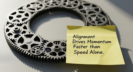 Circular arrangement of interlocking metal gears with a yellow note promoting strategic alignment in business