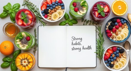 Open notebook with inspirational quote surrounded by healthy breakfast foods and vibrant smoothies