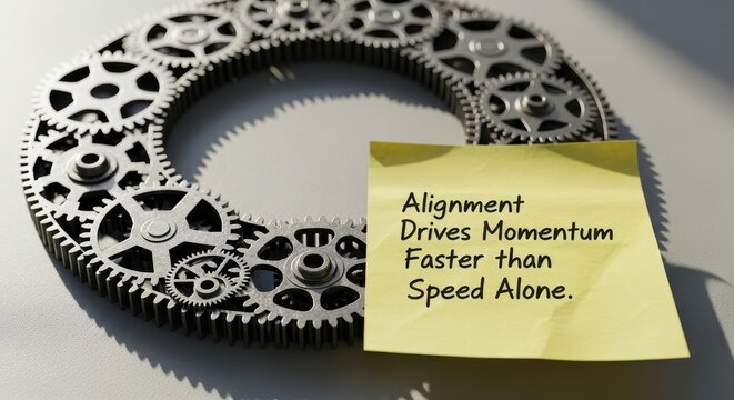 Circular arrangement of interlocking metal gears with a yellow note promoting strategic alignment in business