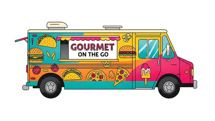 A colorful food truck with gourmet food on the go on transparent background