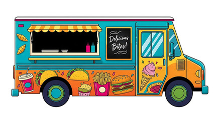 A colorful food truck with various food items on a transparent background
