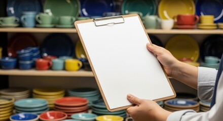 Person with clipboard checking plates on shelves in a shop, retail inventory management