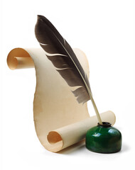 A quill rests in a green ink pot next to a scroll of parchment. Quill and ink on parchment create a classic writing setup in a simple arrangement on a white background