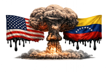 US and Venezuela flags melt into oil with nuclear explosion behind them
