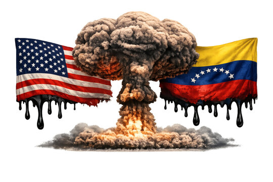 US and Venezuela flags melt into oil with nuclear explosion behind them - Powered by Adobe