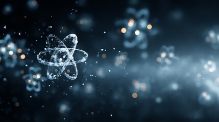Glowing atomic structures orbit around digital nuclei with soft bokeh lights in a dark ethereal field. Abstract for quantum mechanics, chemistry, subatomic particles or futuristic science