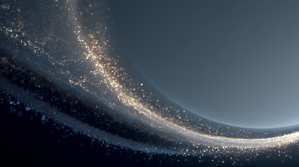 Sweeping arc of glowing particles curves through dark space, resembling stardust or a galactic stream. Abstract cosmic scene for astronomy, physics, and ethereal space-themed visual design.