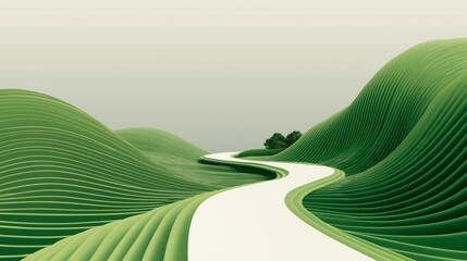 White winding path curves through stylized green hills made of parallel lines with trees in a soft gradient sky. Abstract landscape for nature themes, eco design, and minimal environmental visuals.