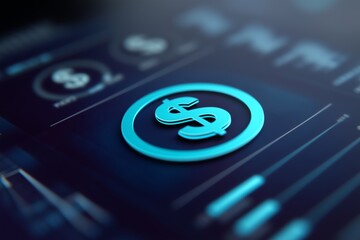 Turquoise dollar sign glows at the center of a digital interface surrounded by charts, graphs and financial icons. Abstract visualization for finance, investment, banking and economic data analysis.