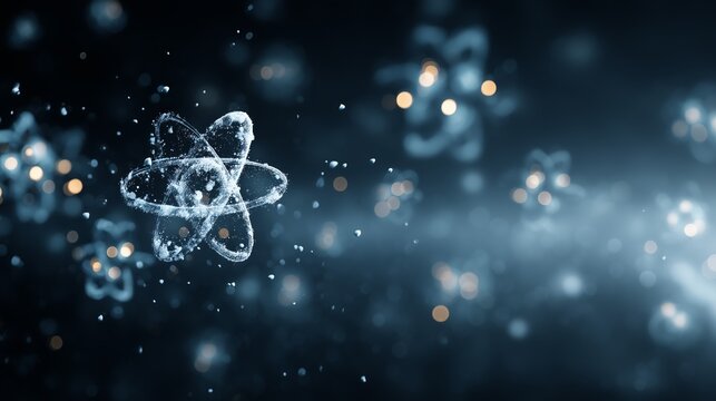 Glowing atomic structures orbit around digital nuclei with soft bokeh lights in a dark ethereal field. Abstract for quantum mechanics, chemistry, subatomic particles or futuristic science
