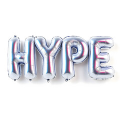Inflatable holographic foil balloon sticker spelling "HYPE" with wrinkles.