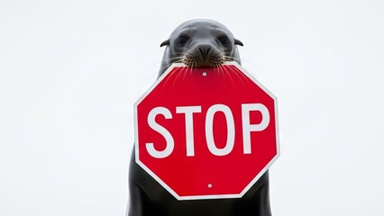 seal holding a red stop sign, road sign, solid white background