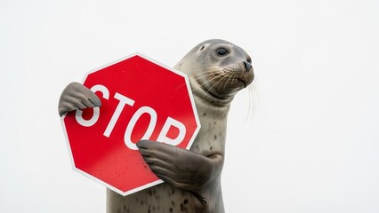seal holding a red stop sign, road sign, solid white background